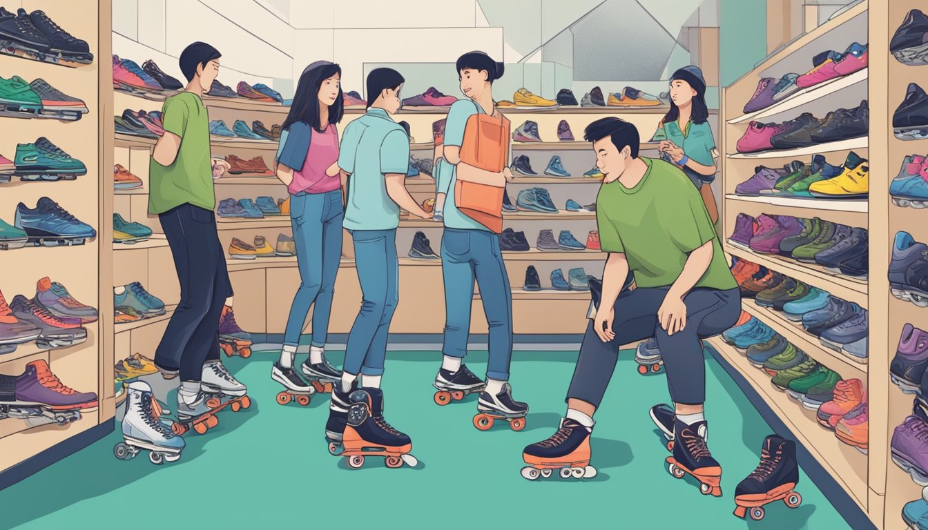 A group of people inquiring about inline skates at a Singapore store