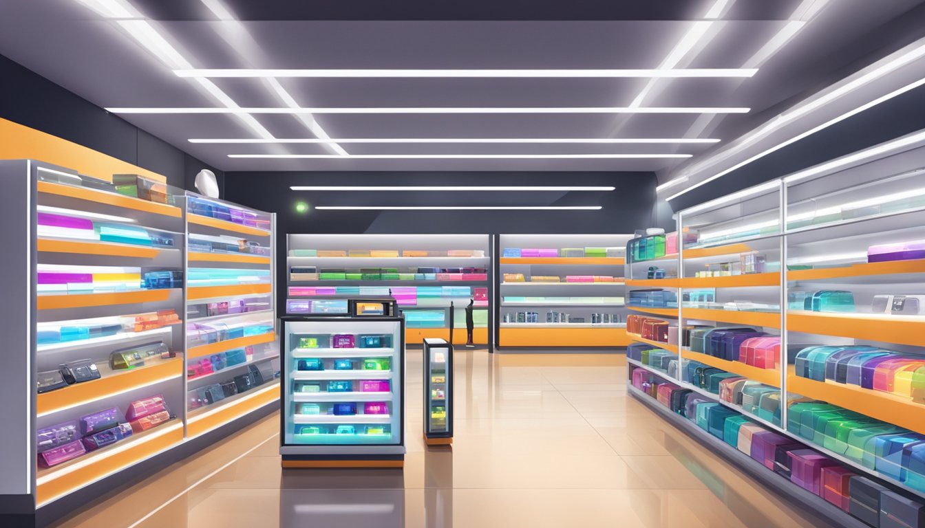 A bustling electronic store in Singapore showcases a variety of smartwatches on sleek display shelves. Bright lighting and modern decor create a futuristic atmosphere