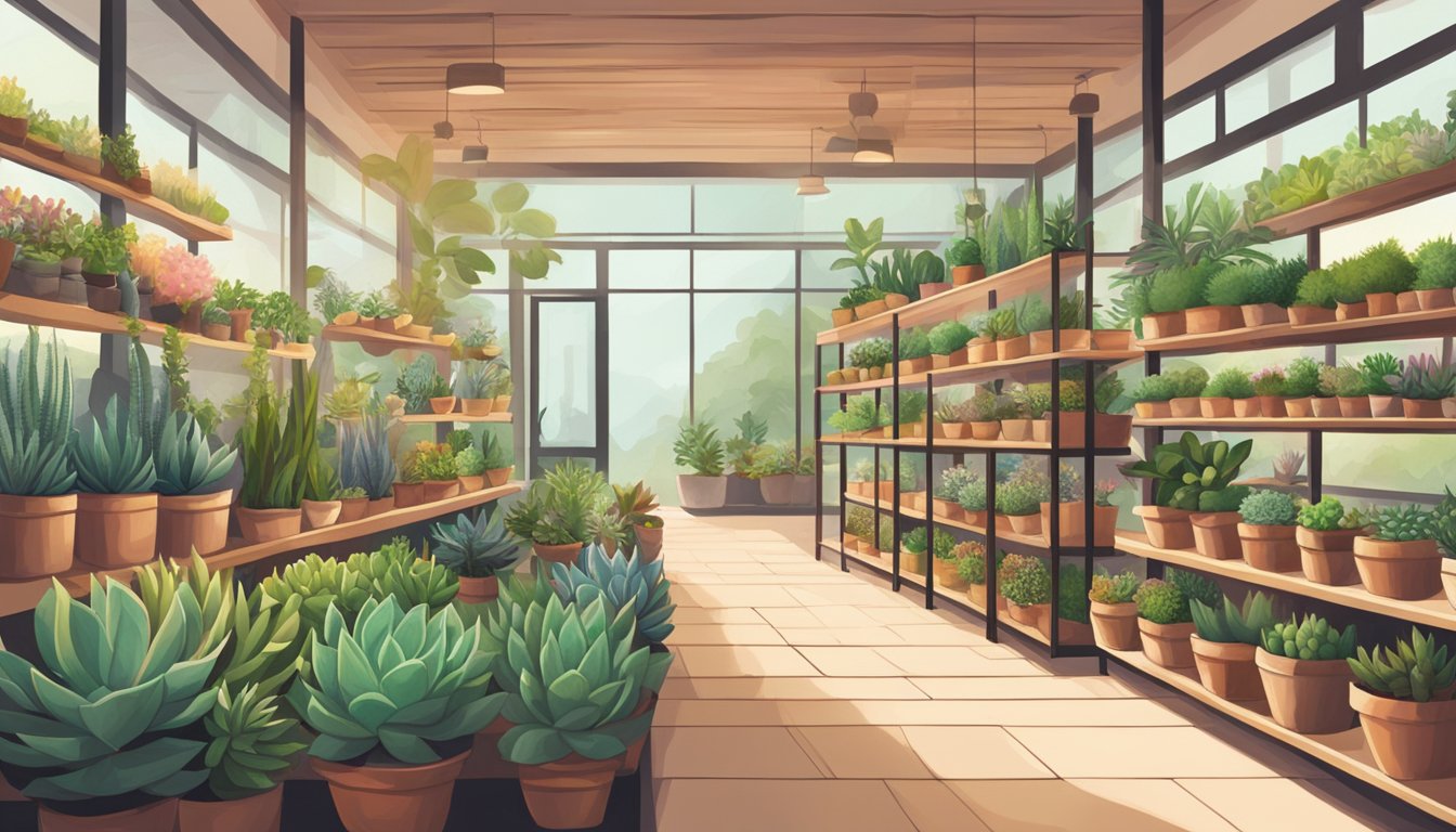 A cozy plant shop in Singapore displays rows of vibrant succulent plants for sale. Shelves are filled with various species, while the soft light creates a warm and inviting atmosphere