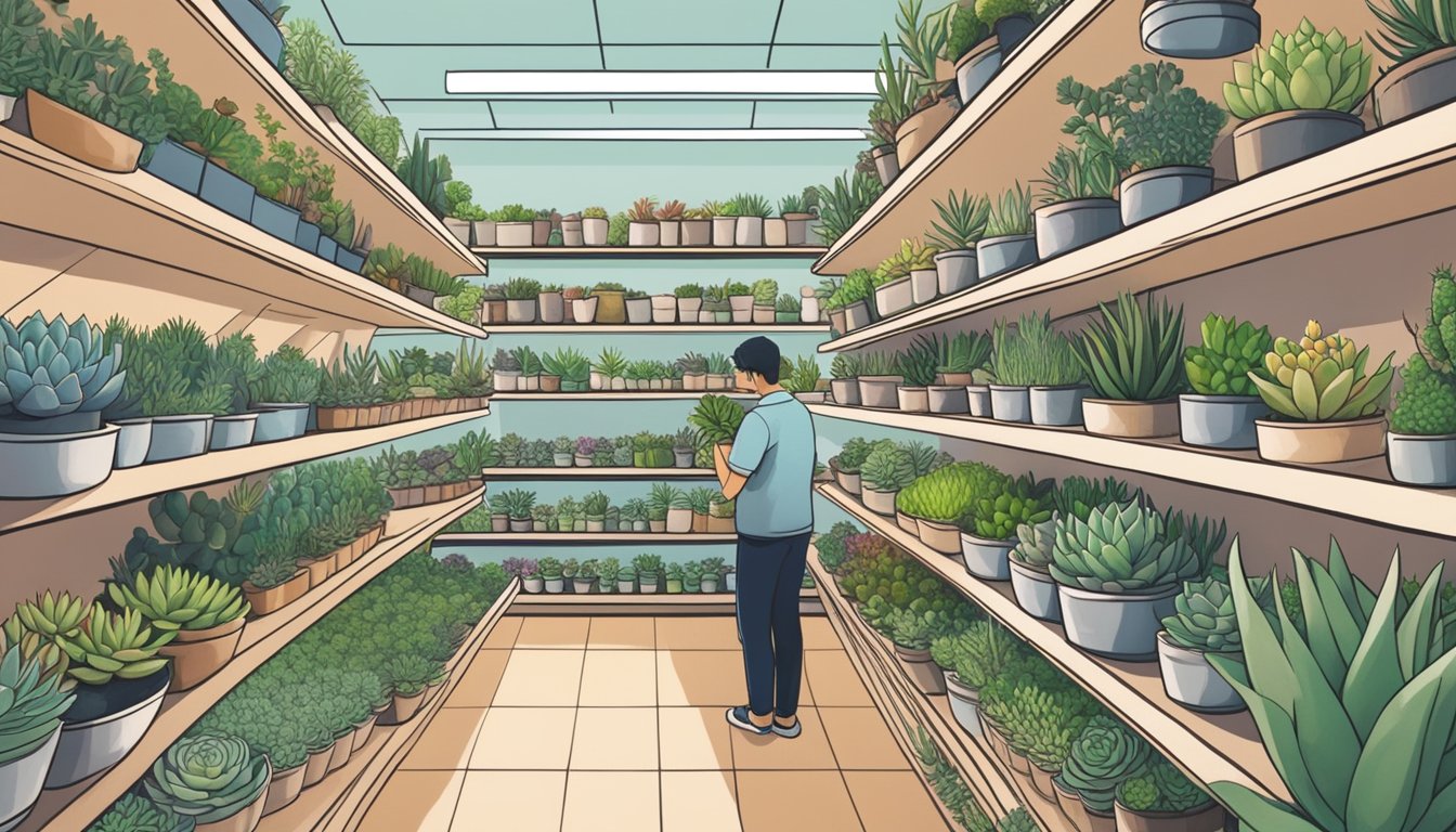 A person carefully chooses a succulent plant from a variety of options at a store in Singapore. The shelves are filled with different types of succulents, and the person is examining the plants closely before making a decision