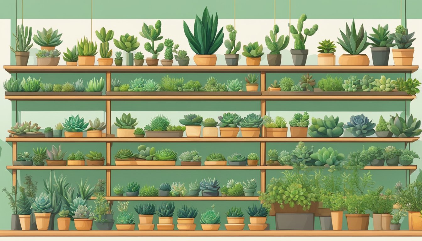 A variety of succulent plants are displayed on shelves in a bright and airy plant shop in Singapore. The vibrant green and unique shapes of the succulents stand out against the neutral backdrop of the store