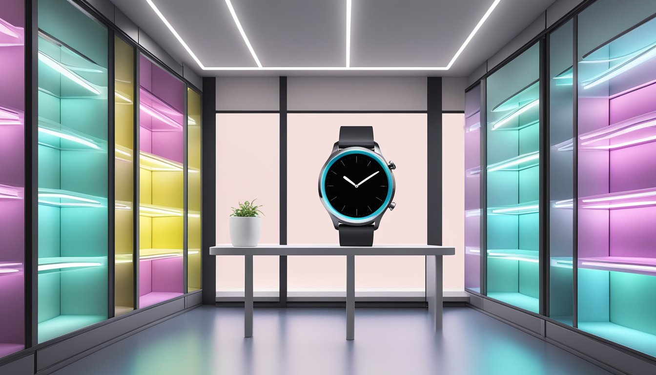 A smart watch displayed on a sleek, modern store shelf in Singapore. Bright lighting and clean surroundings highlight the product