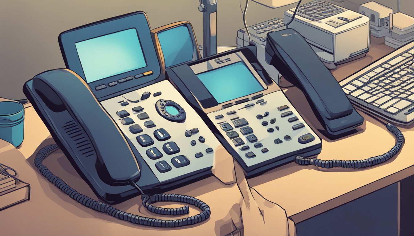 A hand reaches for an IP phone on a desk, surrounded by computer equipment and a phone cord. The phone is illuminated by a soft overhead light
