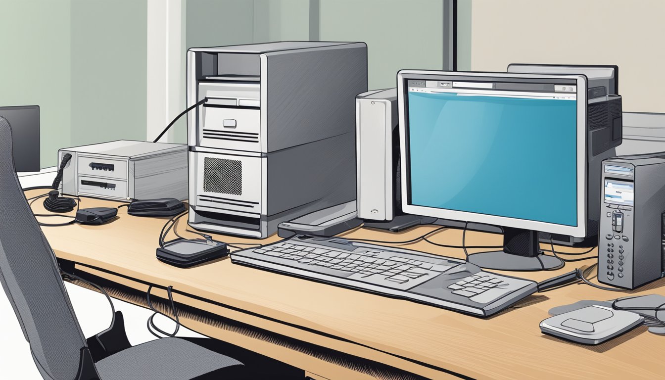A desk with a computer, router, and IP phone. Cables are being connected, and the phone's display shows "Setting up IP phone system."