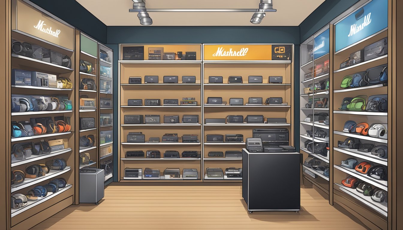 A bustling electronics store in Singapore displays a variety of Marshall headphones on sleek, modern shelves