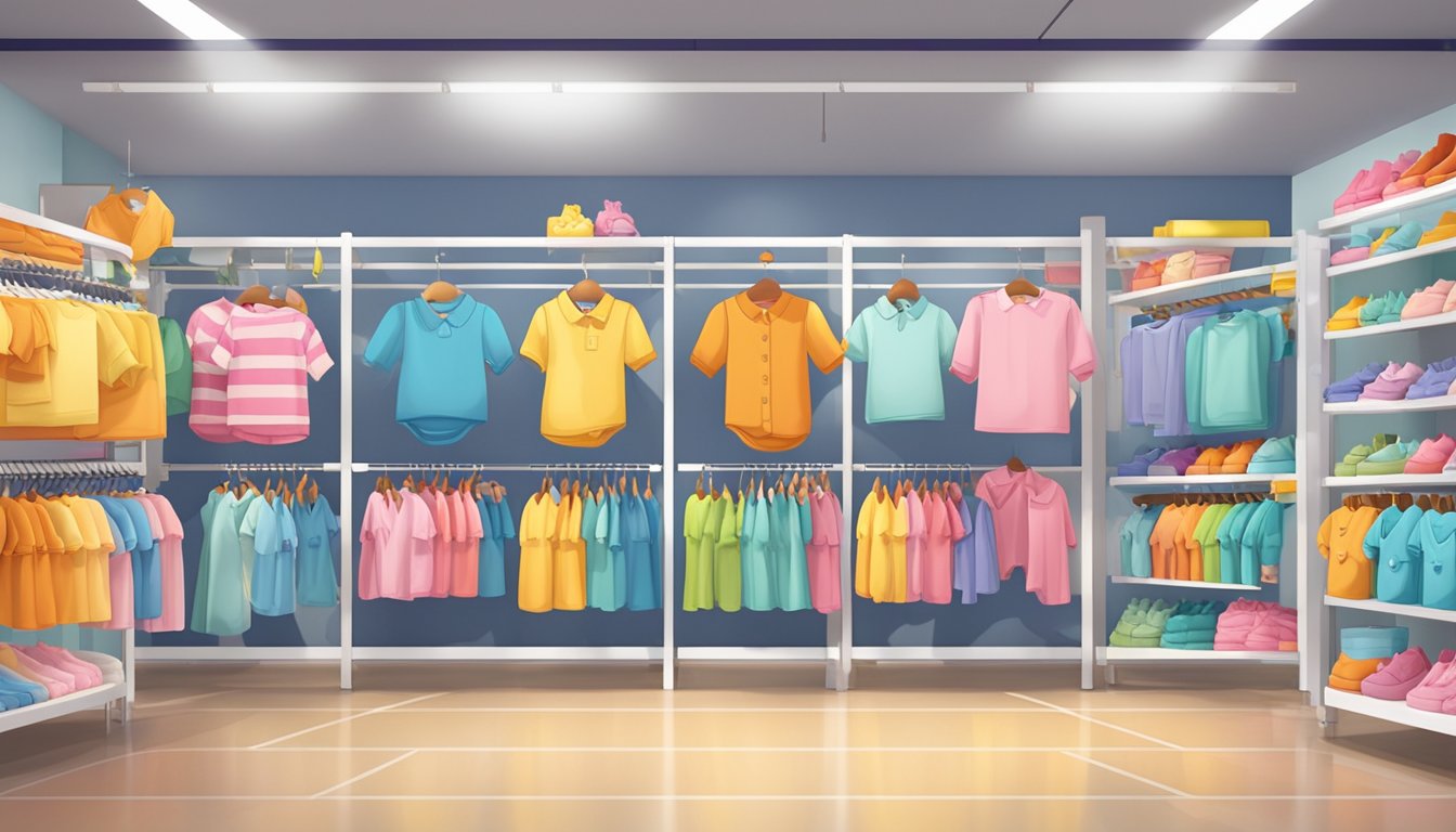 Colorful baby clothes displayed on racks in a Singaporean store, with price tags indicating affordability