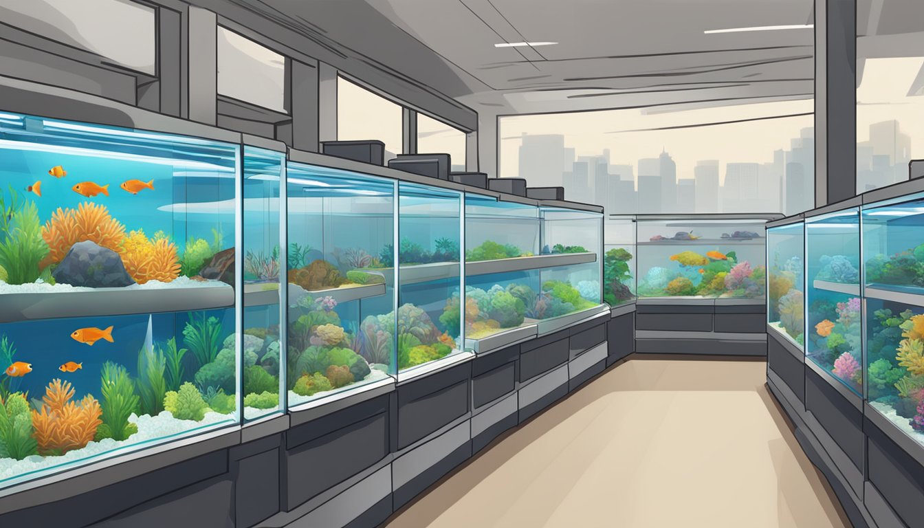 A pet store display showcases rows of affordable fish tanks in Singapore