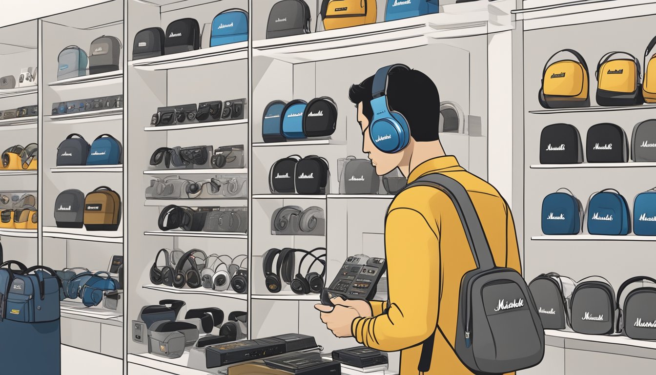 A customer browsing through a variety of Marshall headphones on display at an electronics store in Singapore, with price tags and product details clearly visible