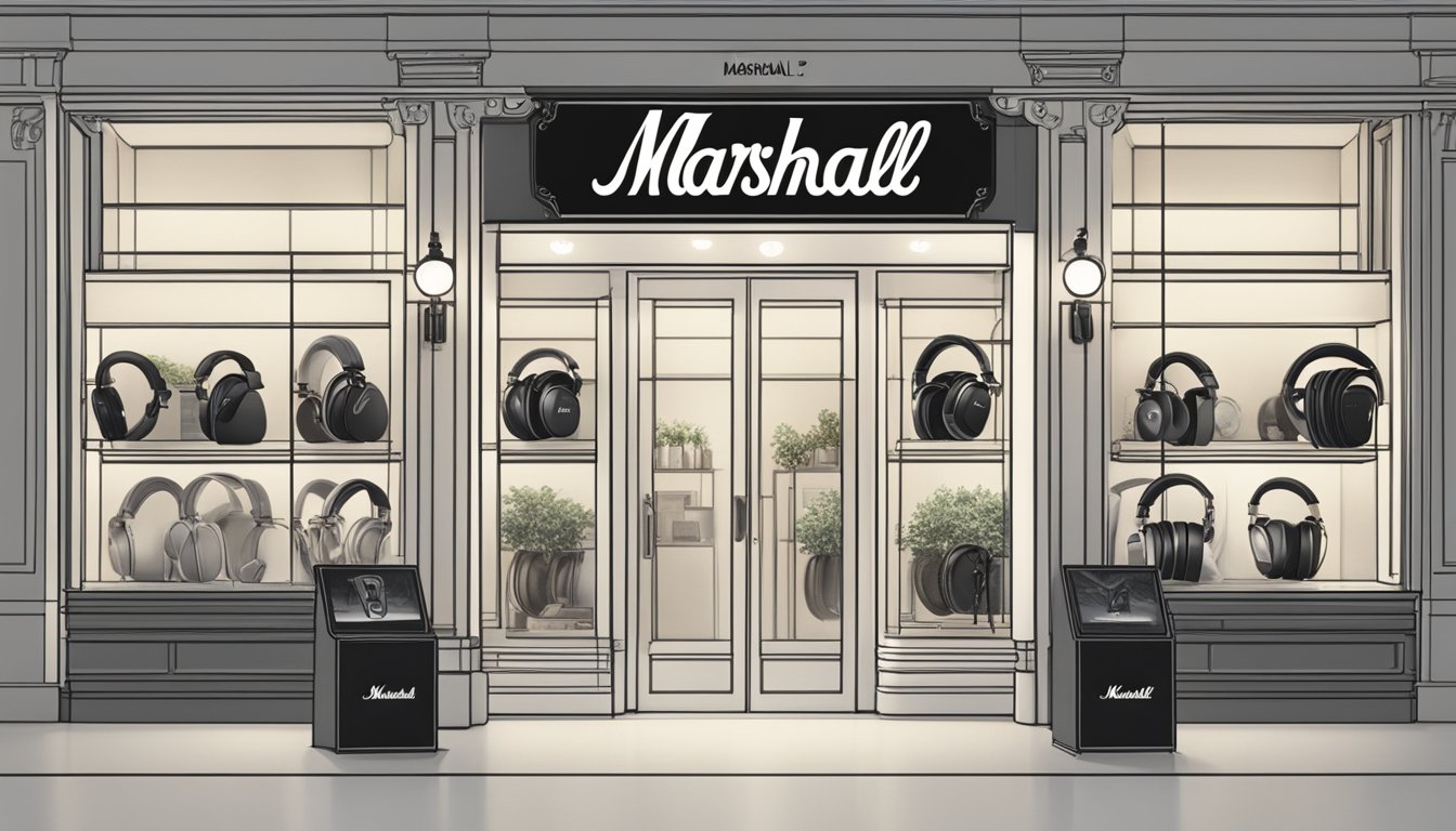 A store display of Marshall headphones in Singapore, with a sign indicating "Frequently Asked Questions: Where to buy Marshall headphones in Singapore."