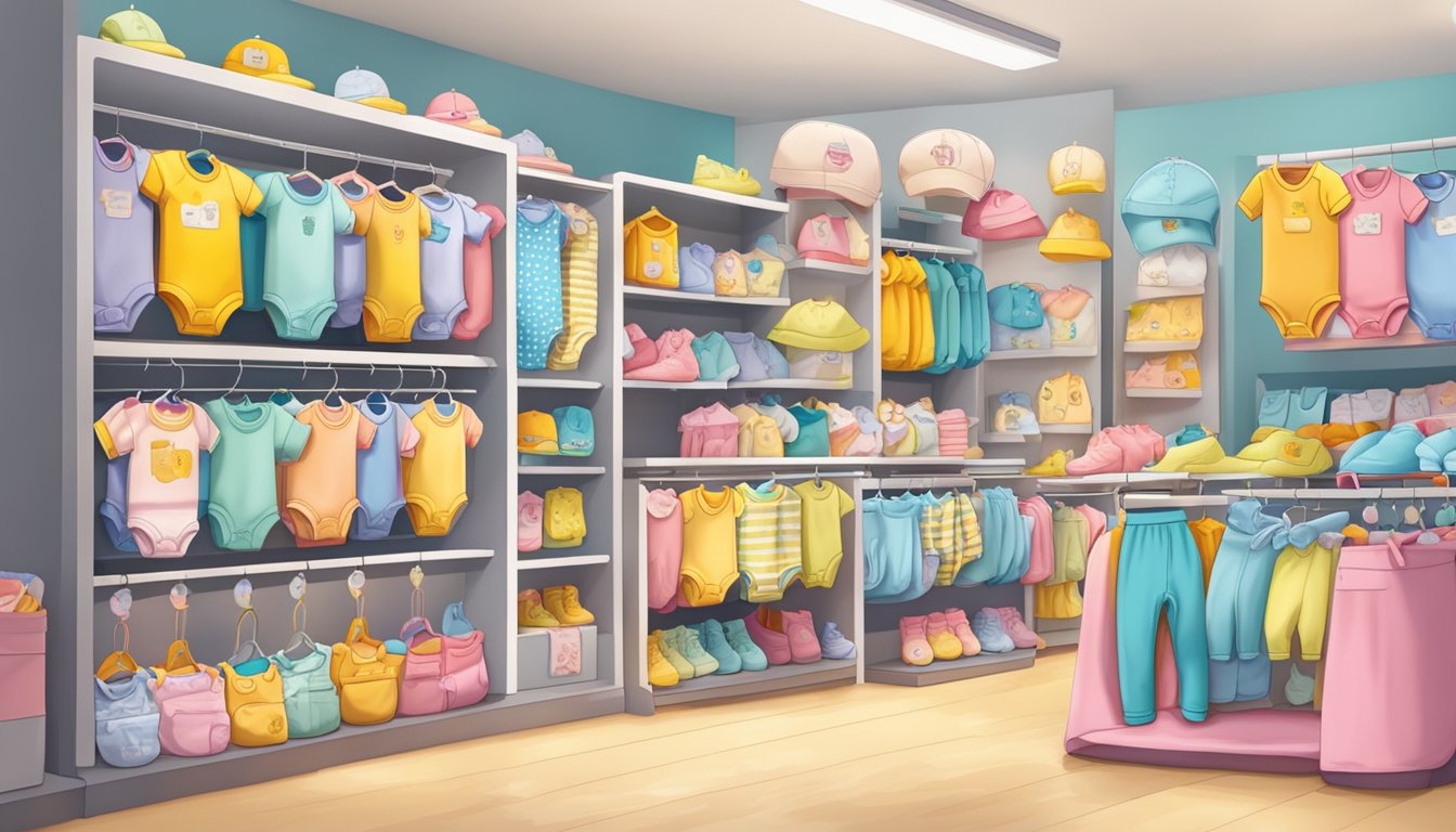 A colorful display of affordable baby clothing at a Singapore store. Racks of tiny onesies, pants, and hats, with price tags visible
