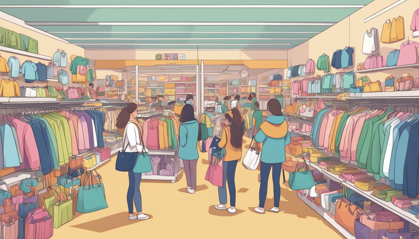 A crowded marketplace with colorful displays of baby clothes, signs advertising "cheap prices," and shoppers browsing through racks