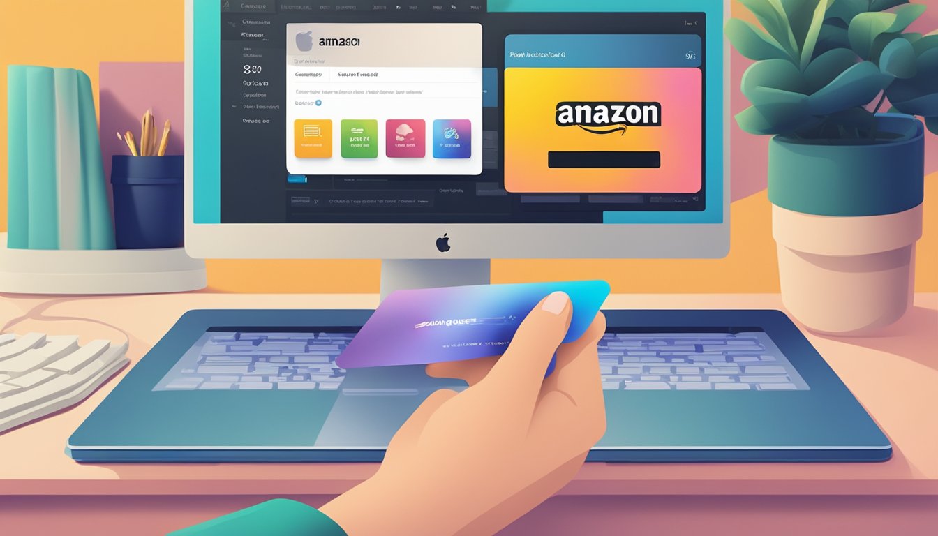 A hand holding an iTunes gift card with a computer screen in the background showing the Amazon website