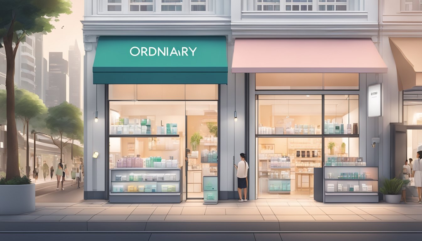 A bustling street in Singapore with a modern, minimalist storefront displaying "The Ordinary" skincare products. Bright signage and a steady flow of customers