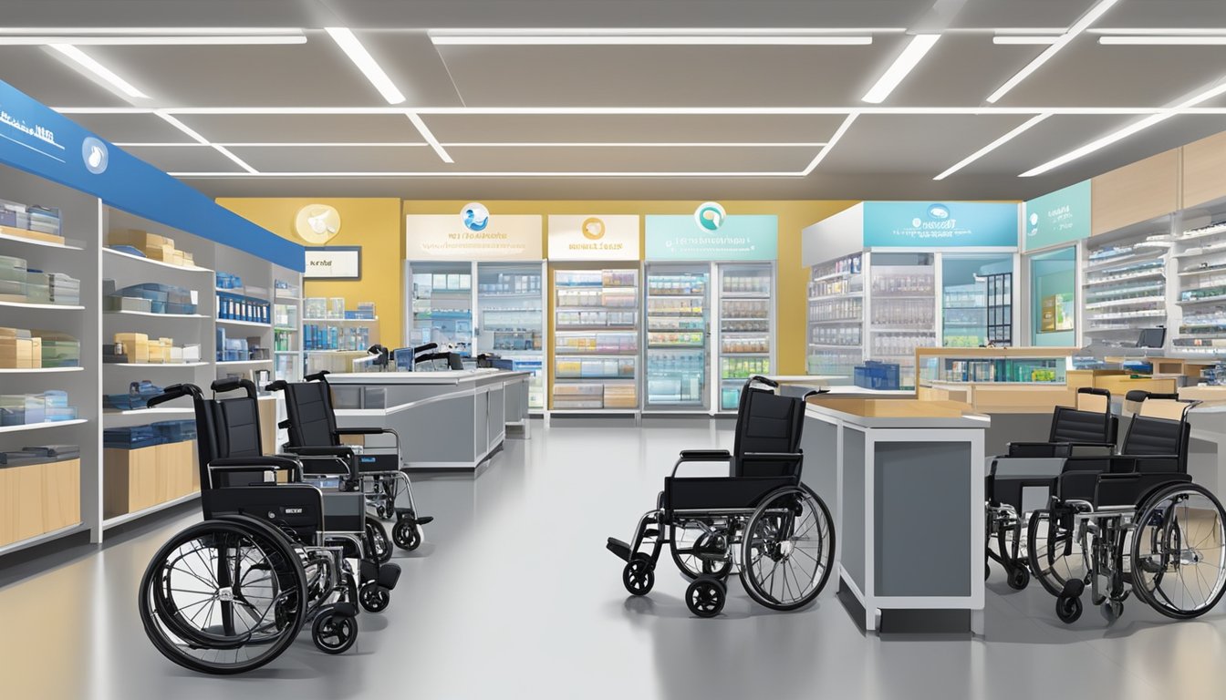 A wheelchair displayed in a well-lit and spacious medical equipment store in Singapore. Various models and sizes are neatly arranged for customers to browse and choose from