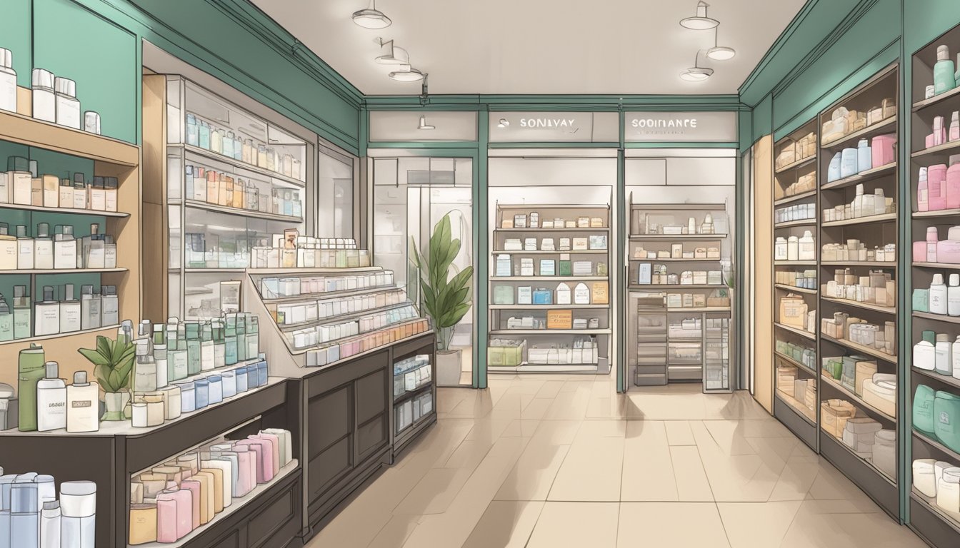 A storefront in Singapore with a prominent sign displaying "The Ordinary" skincare products. Shelves neatly arranged with various products and a few customers browsing
