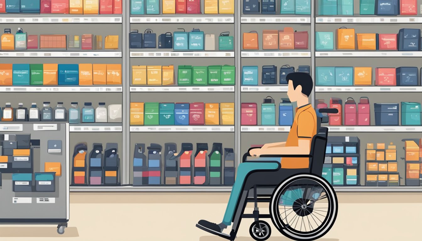 A person browsing through different wheelchair options at a medical supply store in Singapore. Various wheelchairs are displayed with price tags and product information
