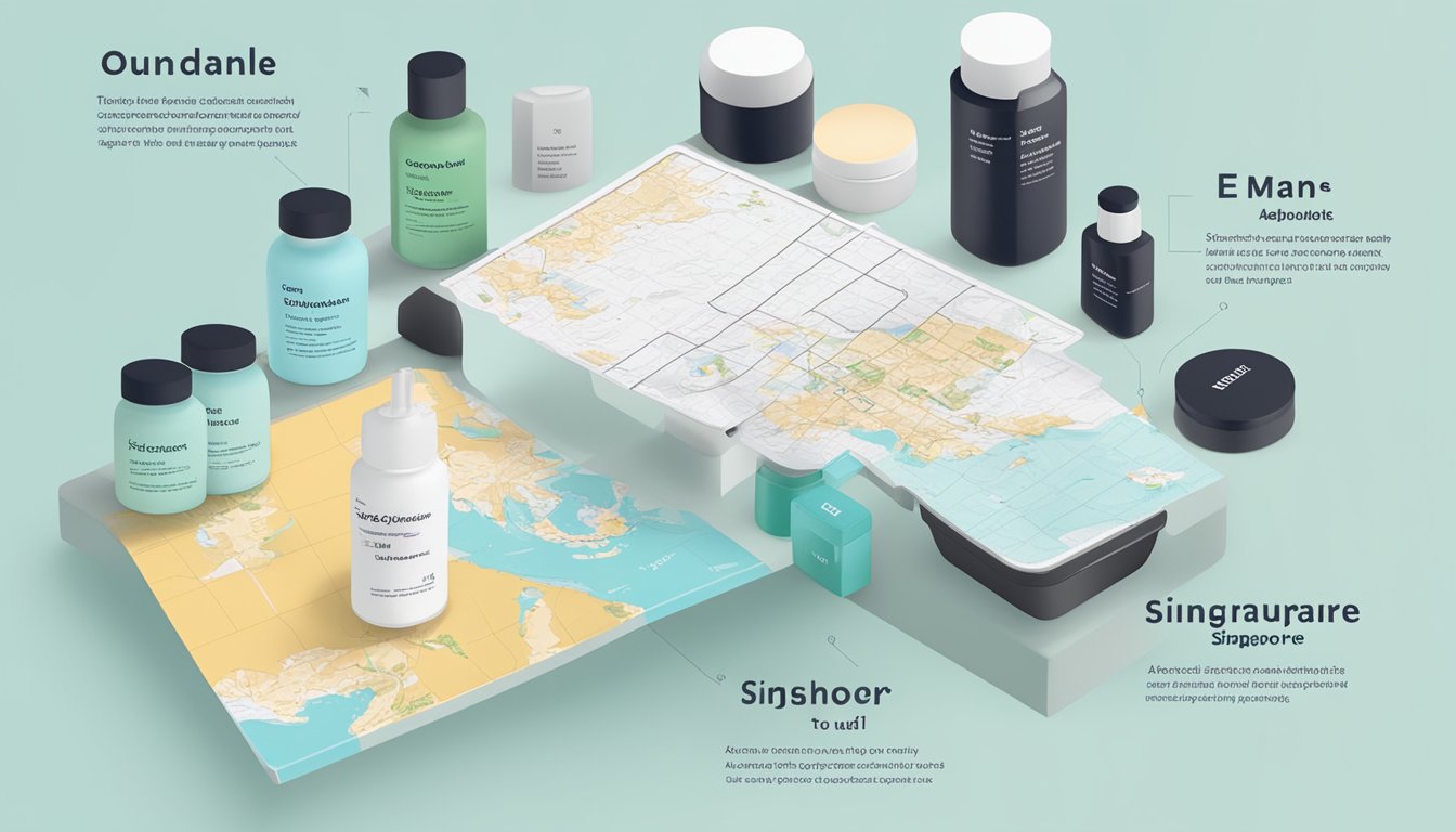 A table with The Ordinary skincare products, a sign indicating their benefits, and a map showing where to buy in Singapore
