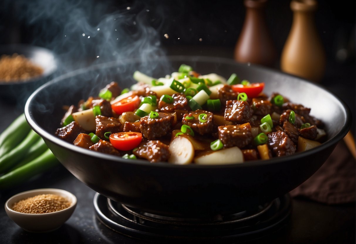 A wok sizzles with diced liver, ginger, and garlic. Steam rises as soy sauce and spices are added. Green onions and red chilies garnish the dish