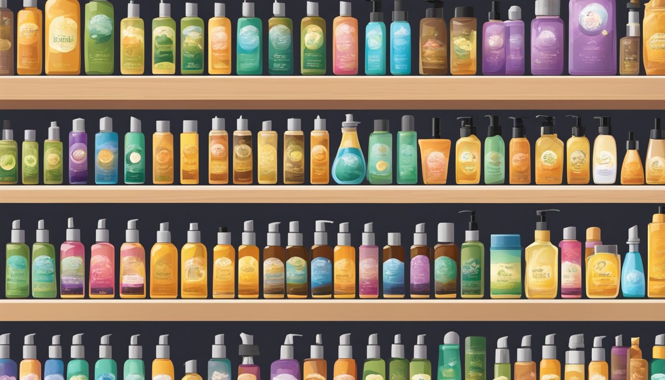 A shelf of massage oils in a Singaporean store, with various brands and scents displayed in colorful bottles