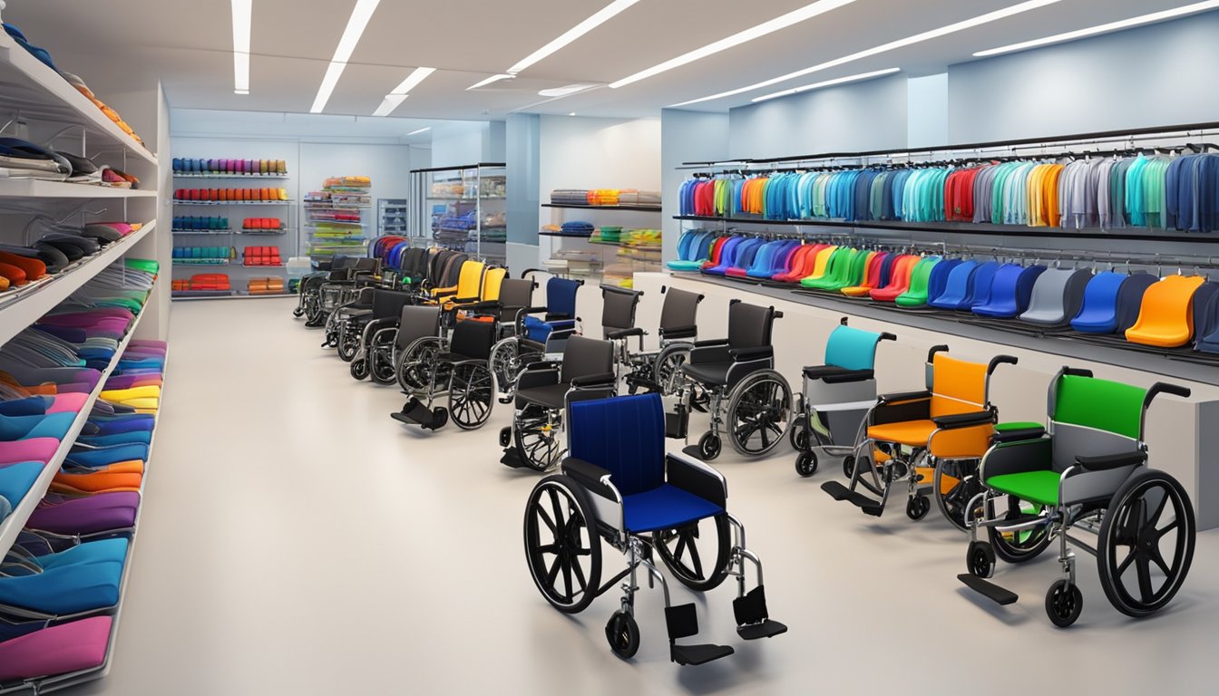 A wheelchair store in Singapore with rows of wheelchairs displayed for purchase. Brightly lit and spacious showroom with various models and accessories available