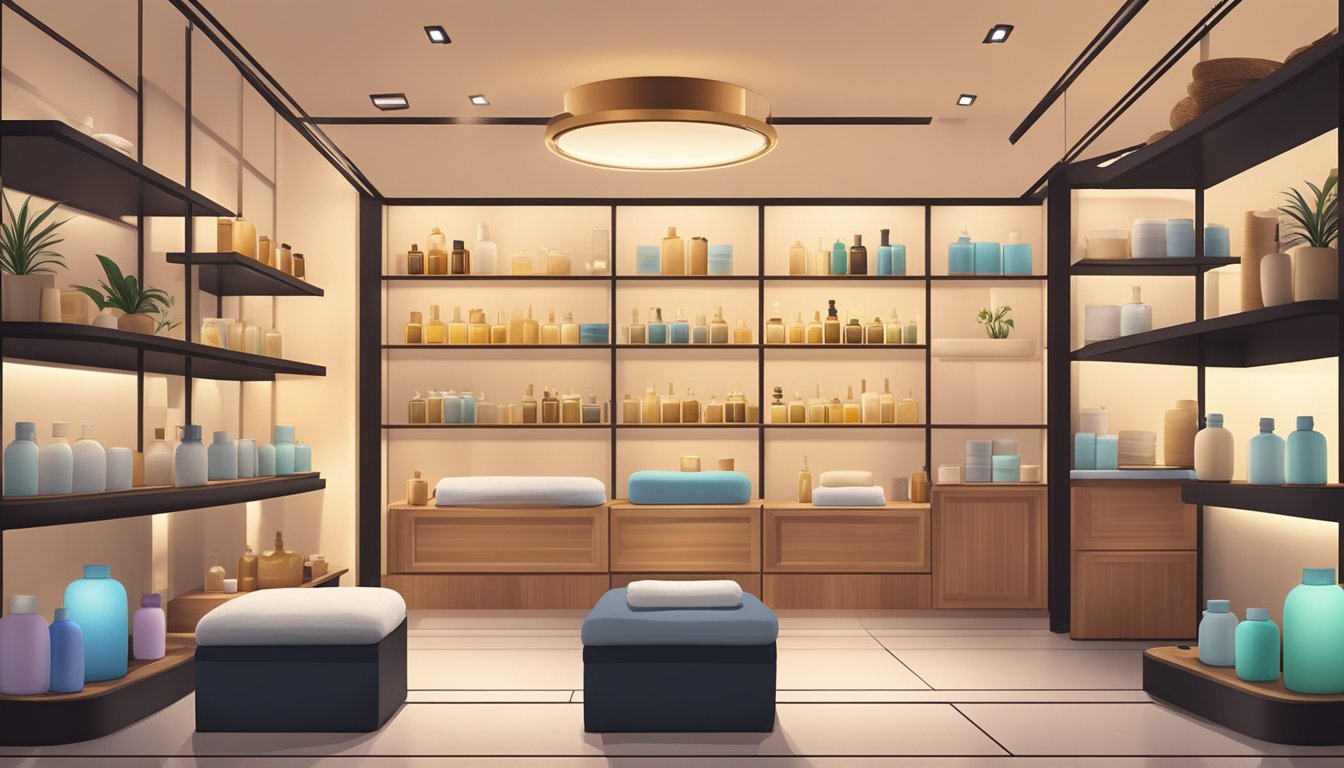 A serene spa setting with shelves of massage oils in a boutique shop in Singapore. Soft lighting and calming decor create a tranquil atmosphere
