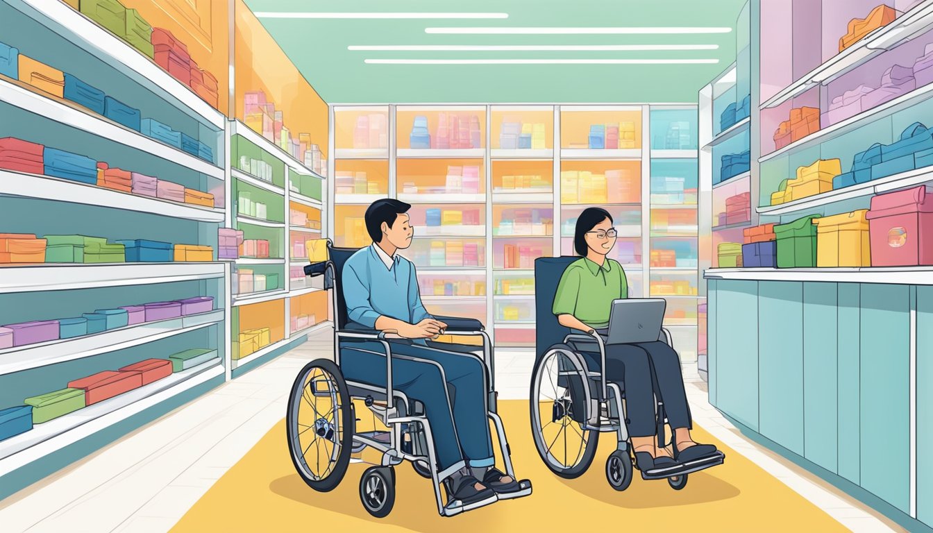 A wheelchair displayed in a bright, modern store in Singapore, with a helpful salesperson assisting a customer
