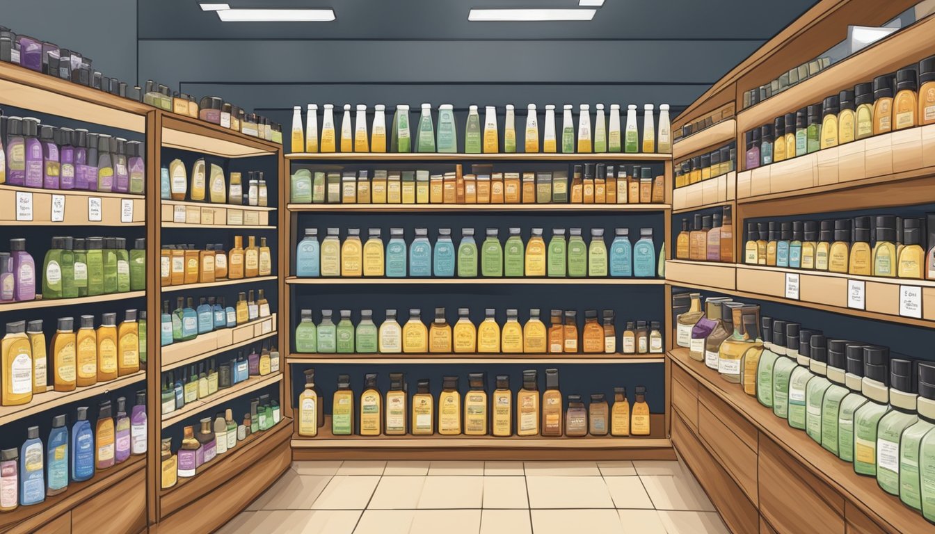 A display of various massage oils on shelves, with labels indicating different benefits and uses. Shoppers browsing and comparing products at a store in Singapore