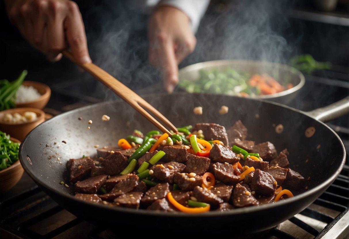 A wok sizzles with diced liver and aromatic Chinese spices. A chef uses a cleaver to quickly stir-fry the ingredients, creating a tantalizing aroma