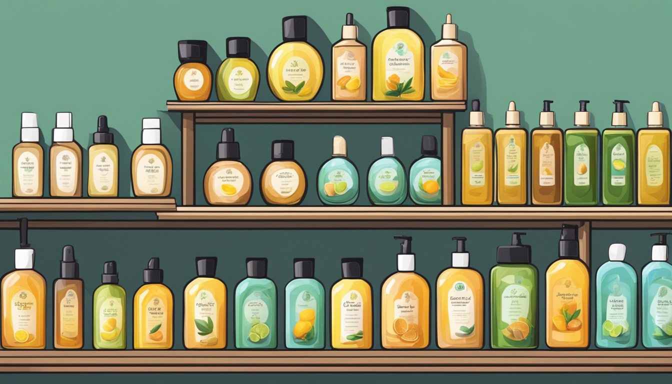 A shelf stocked with various massage oils in a Singaporean store