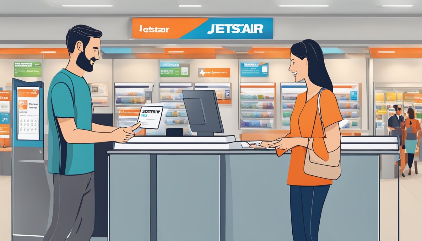 A customer enters a travel agency, selects a Jetstar voucher from a display, and hands it to the cashier for purchase