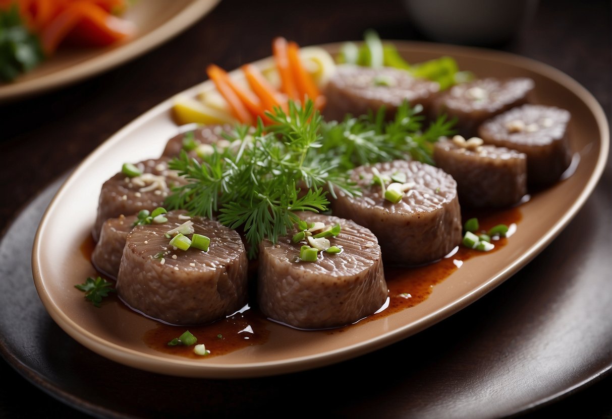 A platter of Chinese-style liver dishes, garnished with fresh herbs and arranged in an elegant and appetizing manner
