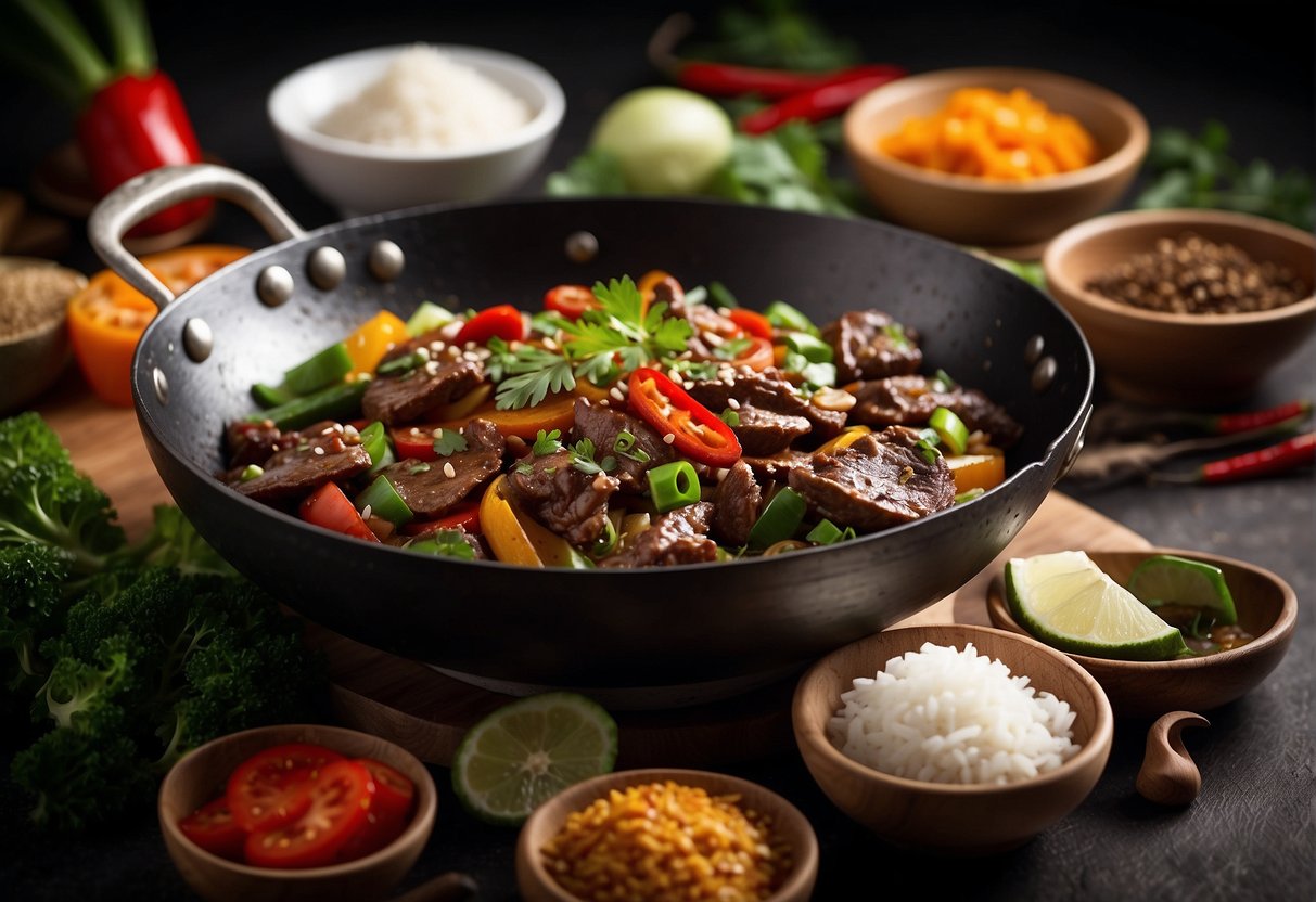 A sizzling wok with stir-fried liver, surrounded by traditional Chinese spices and herbs, accompanied by steamed rice and a vibrant assortment of vegetables