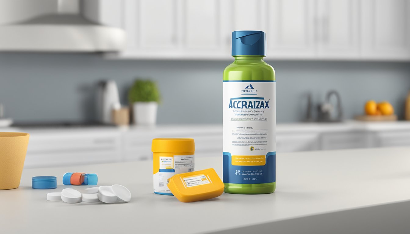 A bottle of Acarizax sits on a clean, white countertop with a label displaying usage and safety information. A computer or smartphone nearby shows an online purchase of the product
