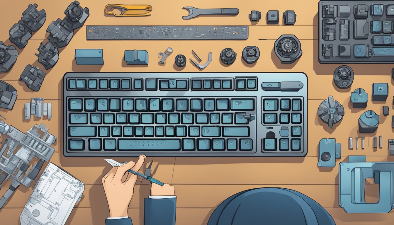 A person assembling a mechanical keyboard with tools and parts laid out on a workbench