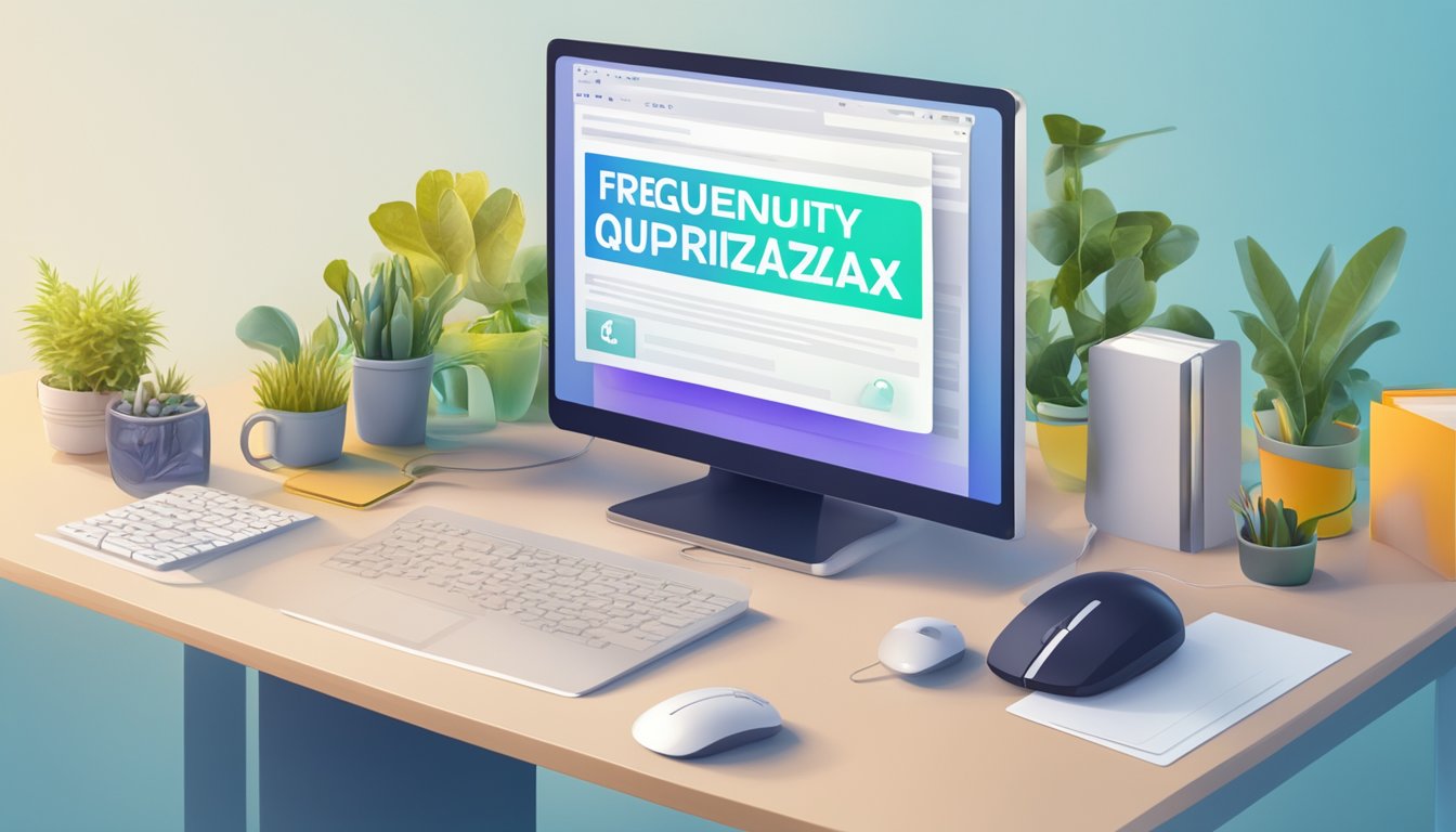 A computer screen displaying a webpage with the title "Frequently Asked Questions acarizax buy online" surrounded by a mouse and keyboard