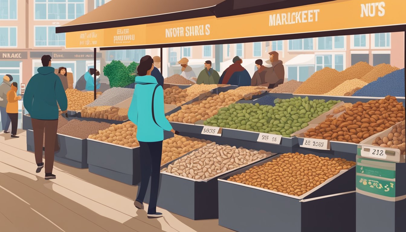 A bustling market stall displays various nuts in bulk at low prices. Shoppers browse the selection, while a sign advertises the affordable options