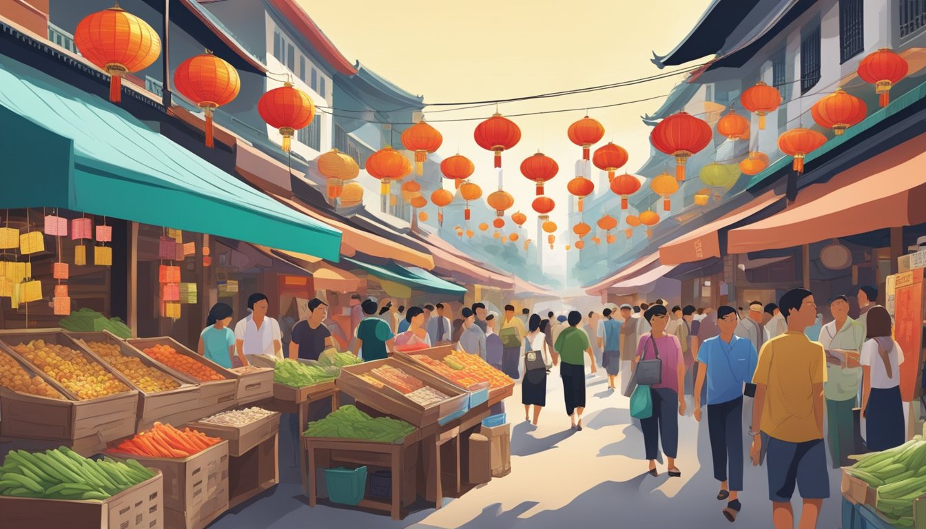 A bustling Chinatown market in Singapore, with colorful stalls selling Chinese calendars amidst the lively atmosphere