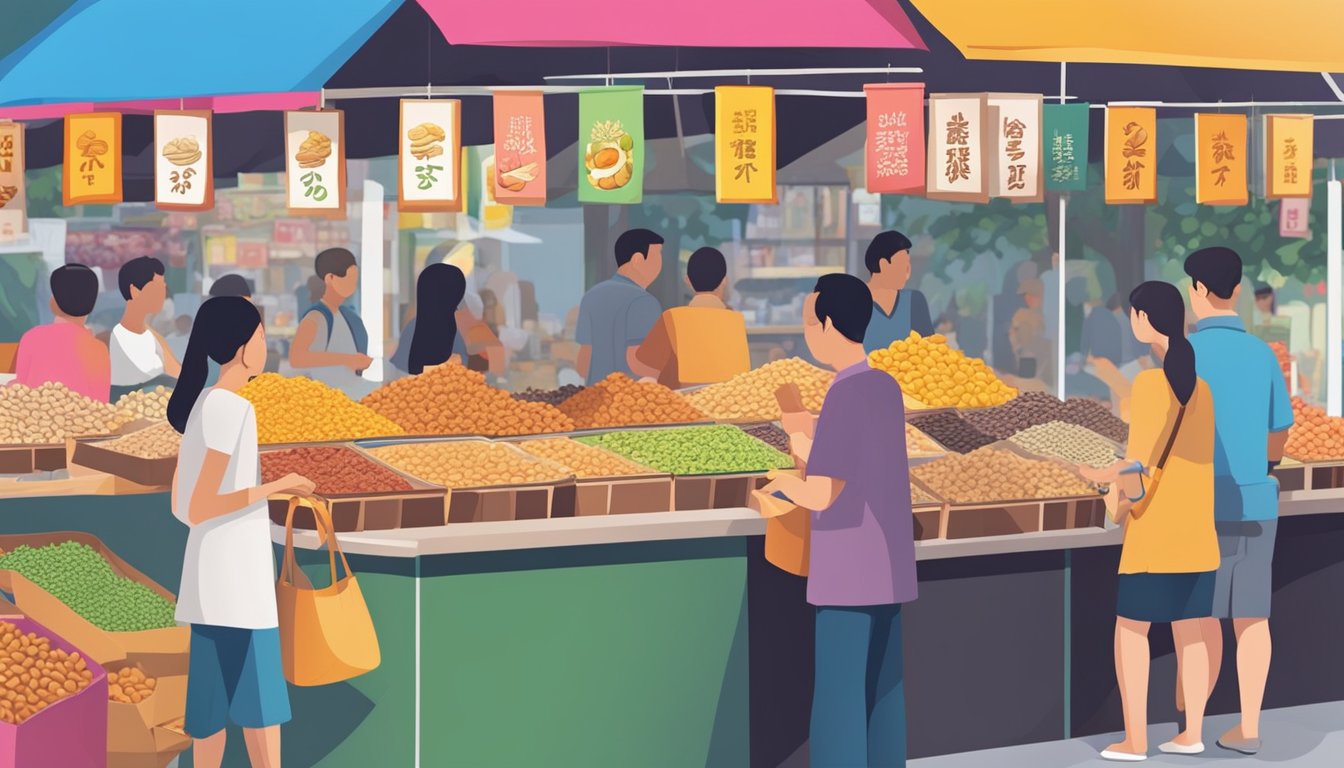 Customers browse colorful nut stalls in bustling Singapore market. Bright signs advertise cheap nuts, while vendors offer samples to passersby
