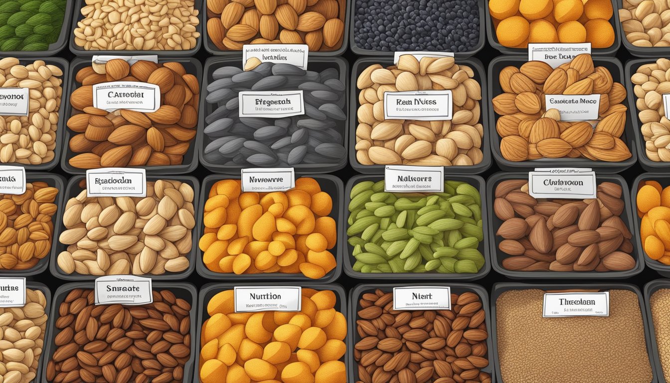 A colorful display of assorted nuts at a local market in Singapore, showcasing their nutritional benefits and variety. Labels indicate affordable prices