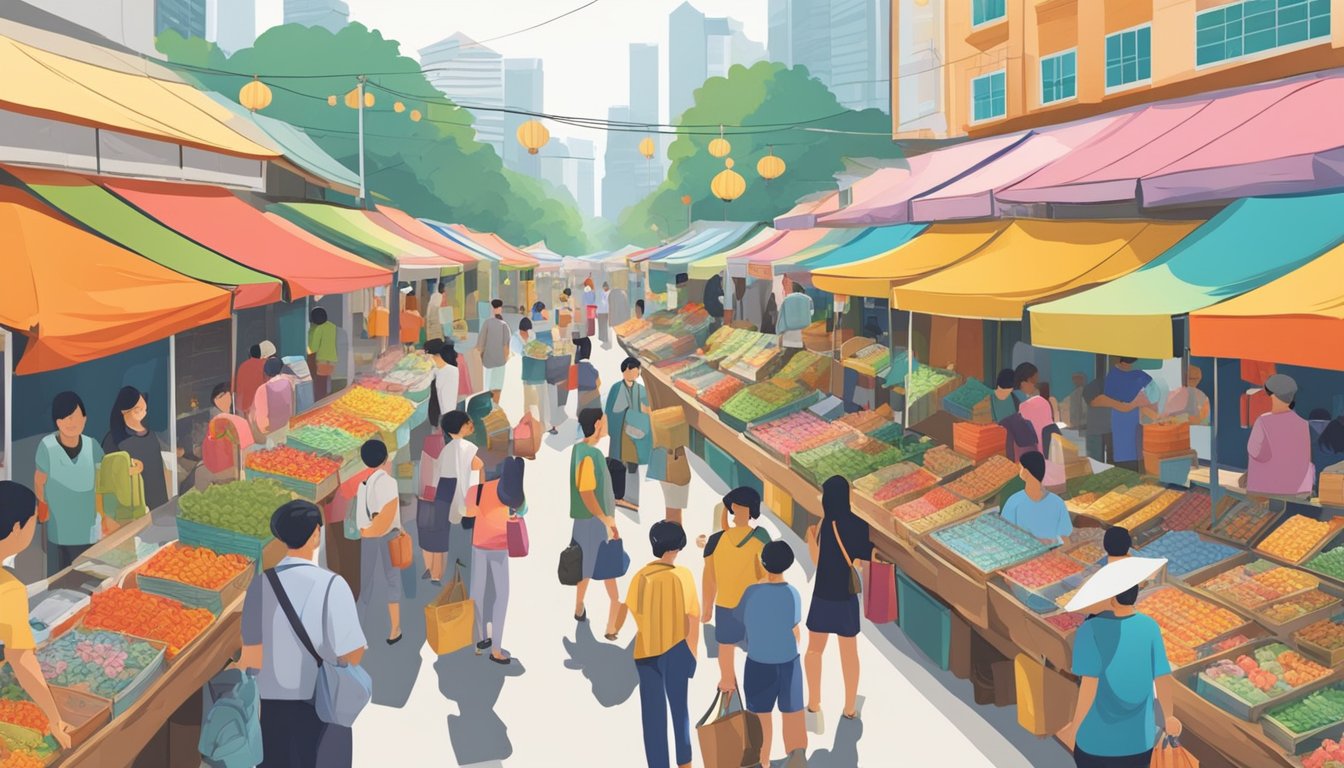 A bustling street market in Singapore, with colorful stalls selling Chinese calendars. Shoppers browse the selection, while vendors call out their prices