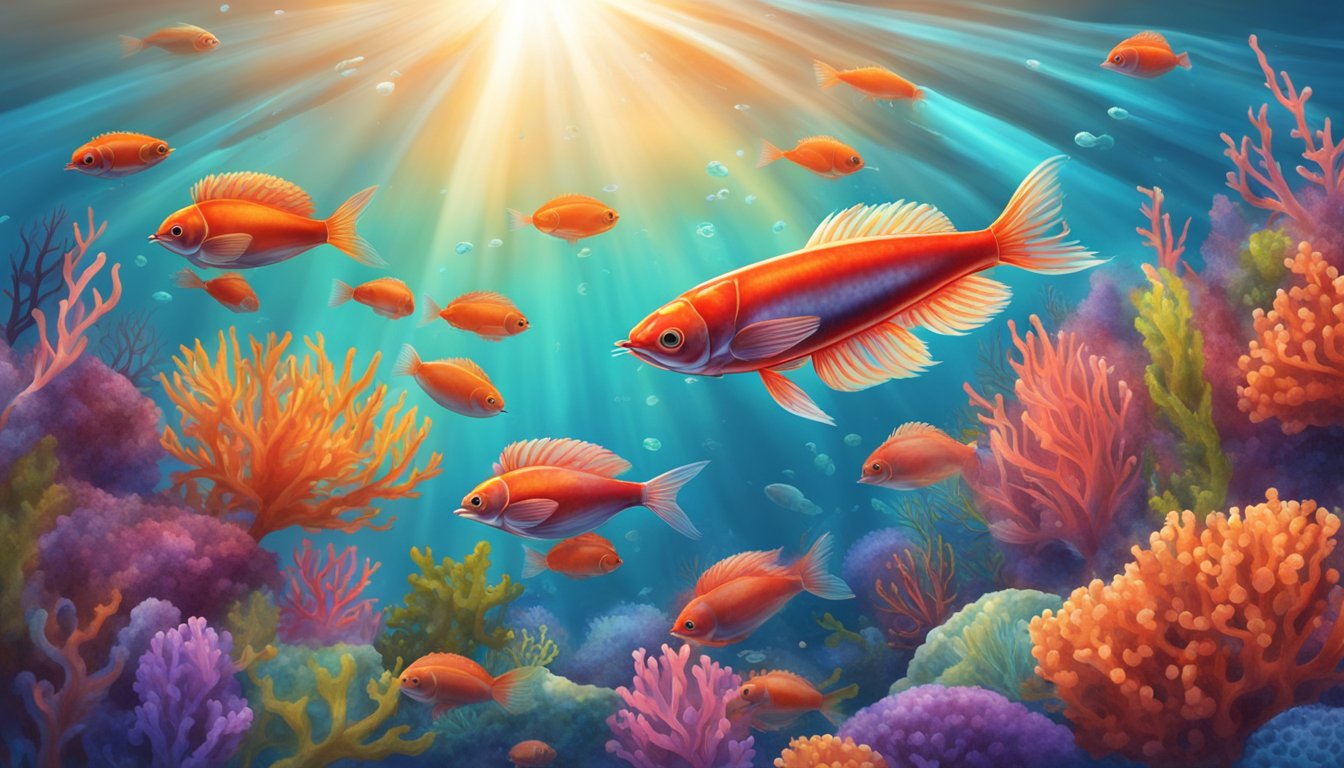 A vibrant red krill swims through clear ocean water, surrounded by colorful coral and marine life. The sun's rays highlight the astaxanthin-rich environment