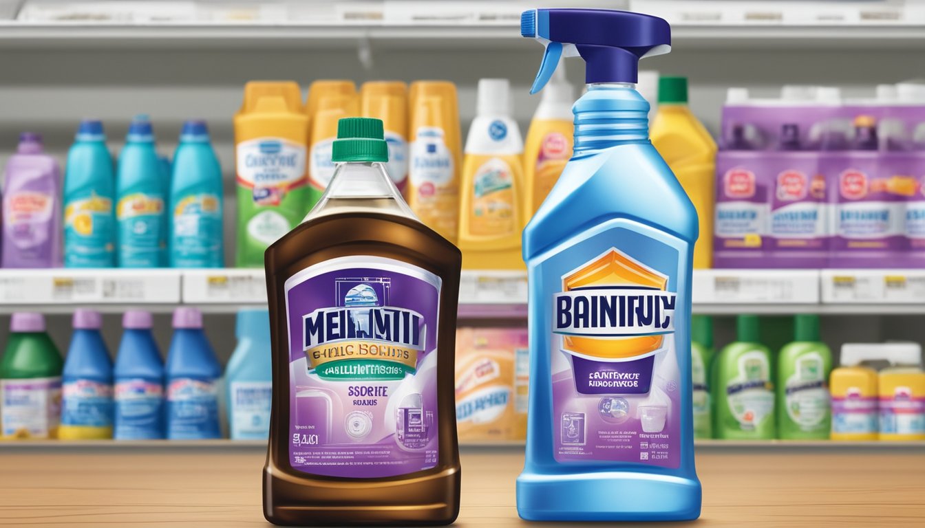 A bottle of methylated spirits sits on a shelf in a hardware store, surrounded by other cleaning products. The label lists its uses and applications, and a price tag indicates where to buy in Singapore