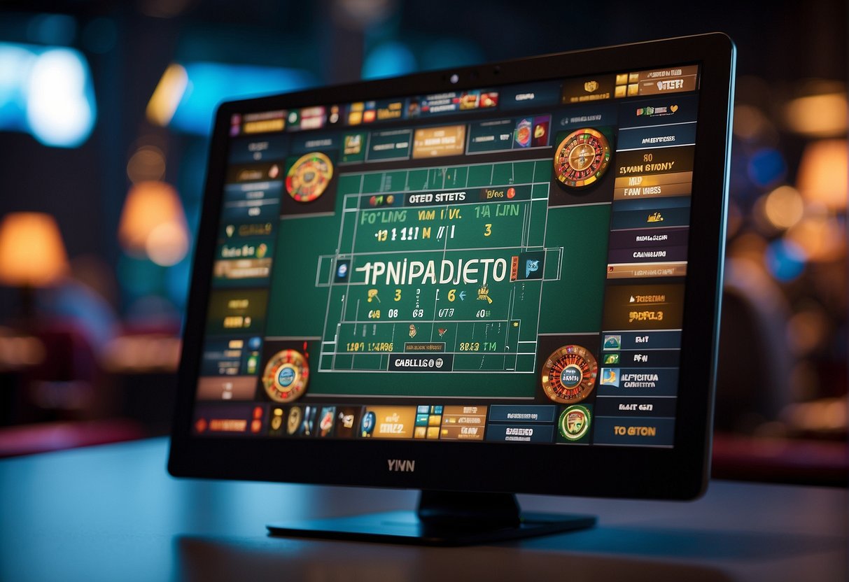 A computer screen displaying top VPNs for gambling sites, with a secure connection icon and various gambling site logos