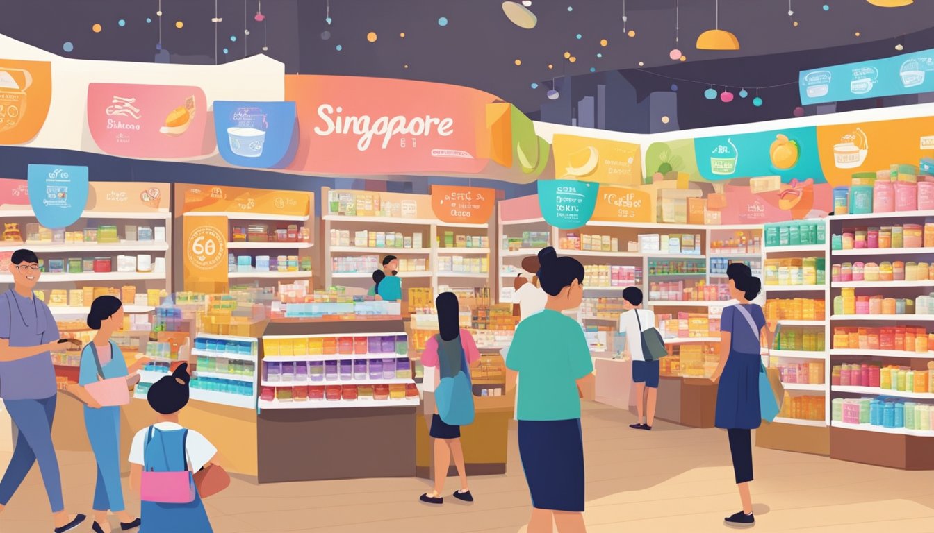 A bustling marketplace with colorful signs advertising various creams in Singapore. Customers browse the shelves, while vendors offer samples and tout their products