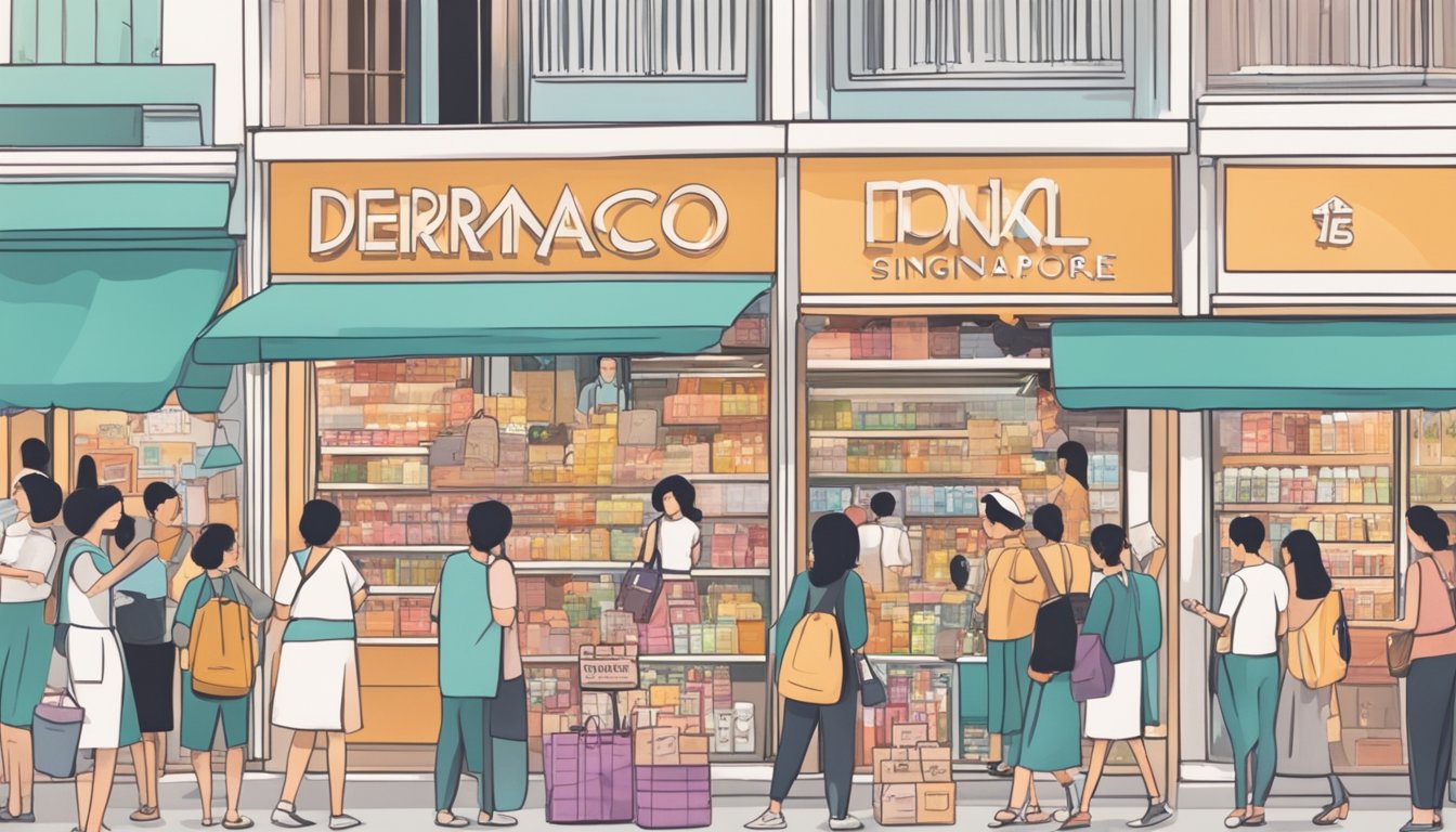 A bustling street in Singapore, with bright signage and crowded shops. A woman holds a dermacol concealer in her hand, while a store sign advertises its availability