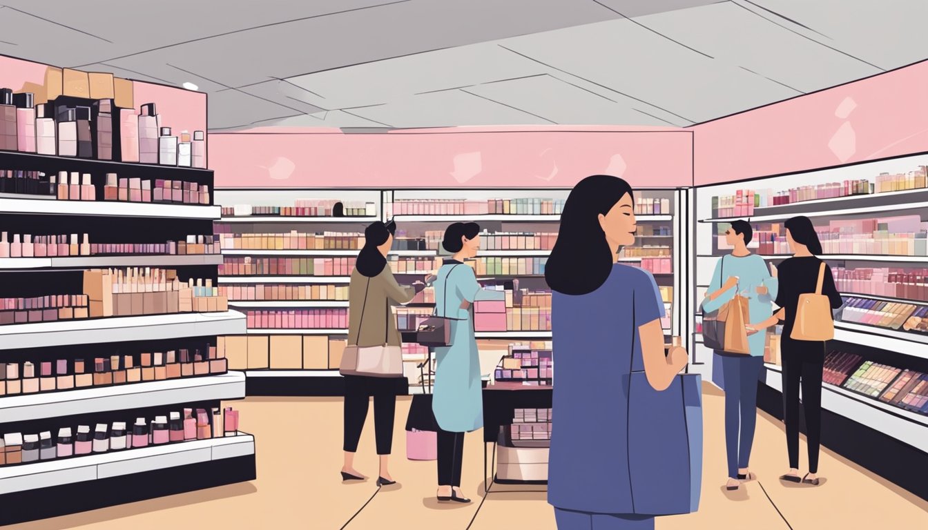 A bustling makeup store in Singapore displays Dermacol Concealer on its shelves. Shoppers browse the selection, while a salesperson assists a customer