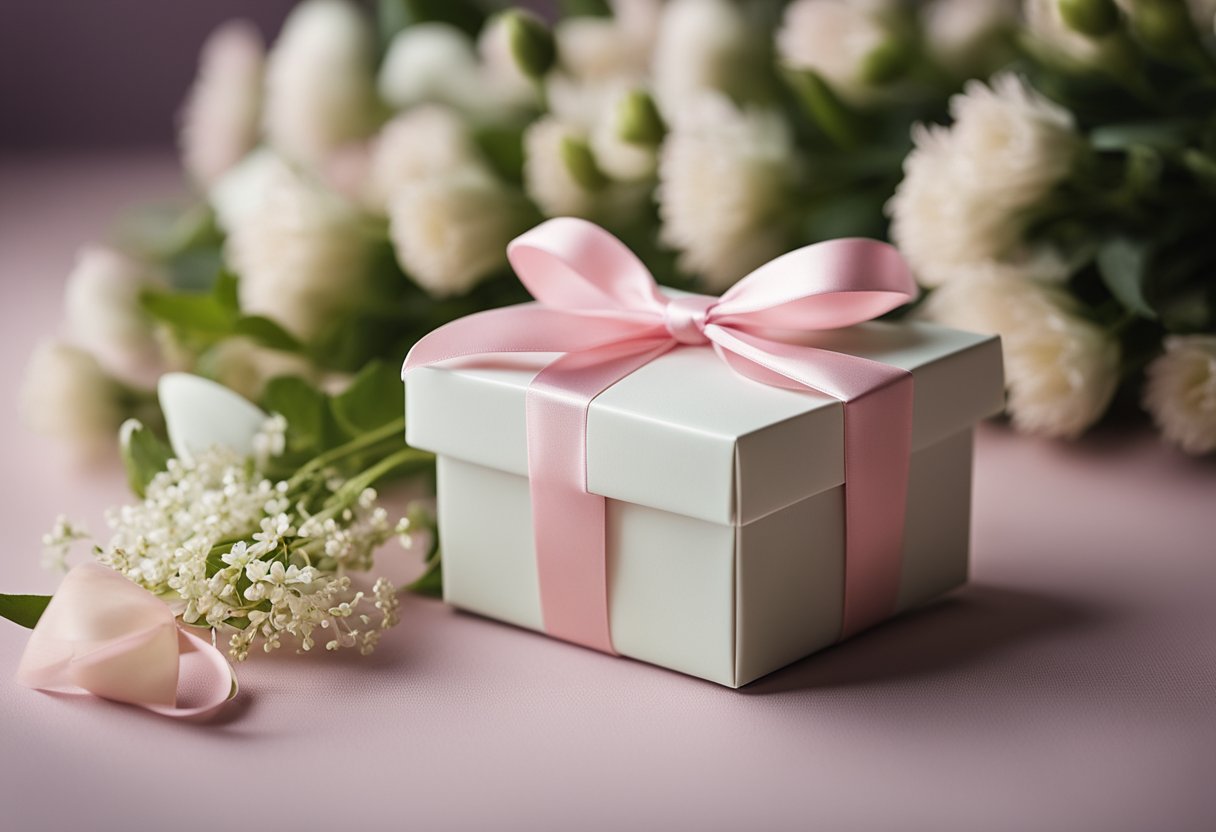 A small gift box with a ribbon on a table, surrounded by flowers and a card