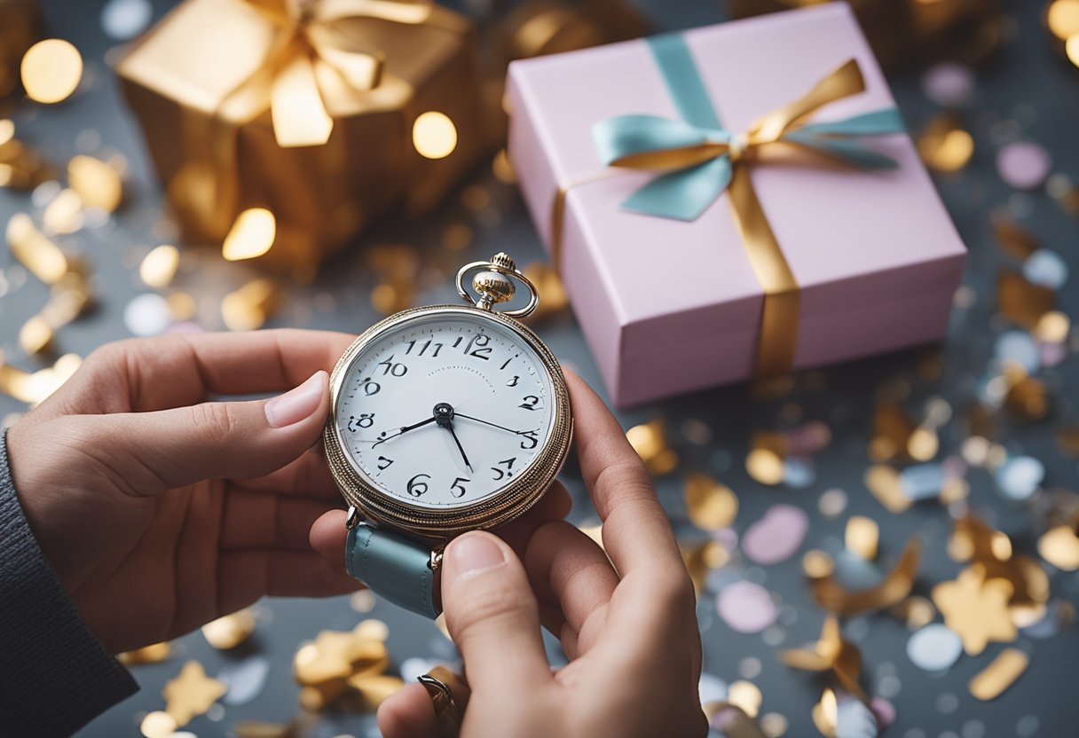 A hand holding a gift box, surrounded by a clock and confetti