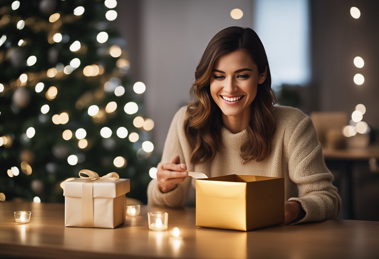 A woman sits at a table, a small wrapped box in front of her. She is smiling and looking excited as she opens the gift