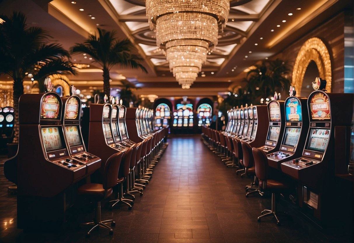 The bustling casino floor is filled with colorful slot machines and gaming tables, surrounded by luxurious hotel amenities and palm trees